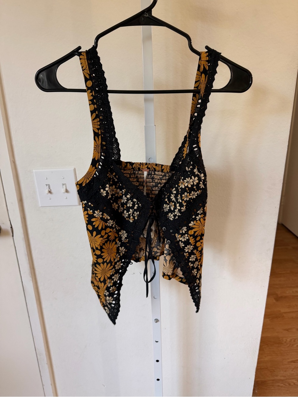 Free People Black and Mustard Floral Crochet Tie-Front Camisole